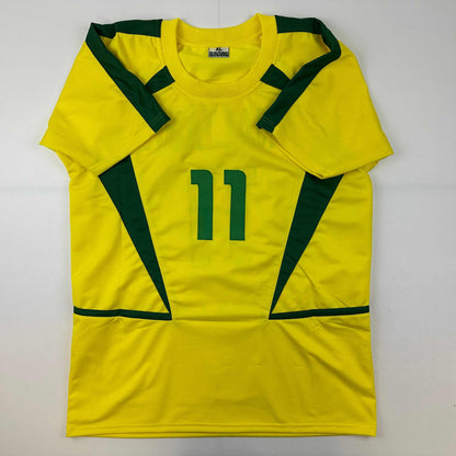 Facsimile Autographed Ronaldinho Brazil Yellow World Cup Reprint Laser Auto Soccer Jersey Size Men's XL