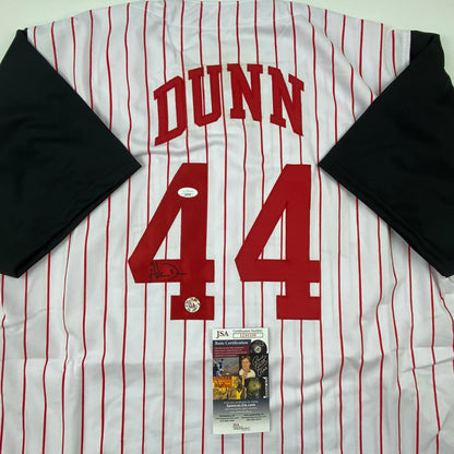 Autographed/Signed Adam Dunn Cincinnati Pinstripe Baseball Jersey JSA COA