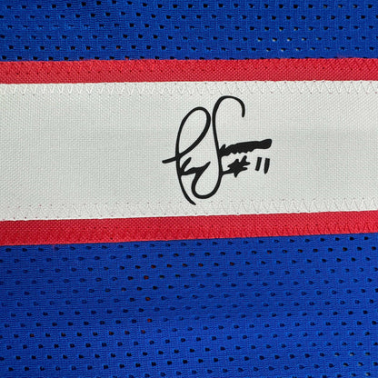 Framed Facsimile Autographed Phil Simms 35x39 New York Blue Reprint Laser Auto Football Jersey