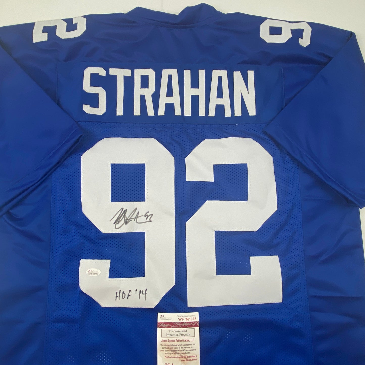 Autographed/Signed Michael Strahan HOF 14 New York Blue Football Jersey JSA COA