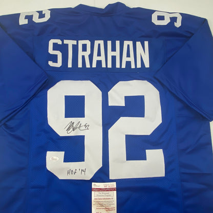 Autographed/Signed Michael Strahan HOF 14 New York Blue Football Jersey JSA COA
