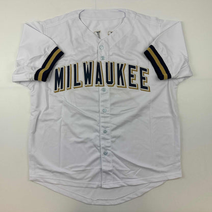 Facsimile Autographed Christian Yelich Milwaukee White Reprint Laser Auto Baseball Jersey Size Men's XL