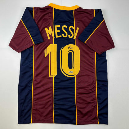 Facsimile Autographed Lionel Messi Leo FC Barcelona Blue/Red Reprint Laser Auto Soccer Jersey Size Men's XL
