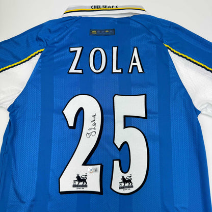 Autographed/Signed Gianfranco Zola Chelsea FC Blue Soccer Futbol Jersey Beckett BAS COA