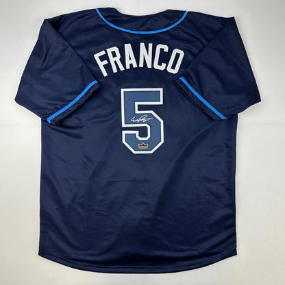 Facsimile Autographed Wander Franco Tampa Bay Navy Blue Reprint Laser Auto Baseball Jersey Size Men's XL