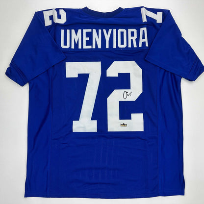 Facsimile Autographed Osi Umenyiora New York Blue Reprint Laser Auto Football Jersey Size Men's XL