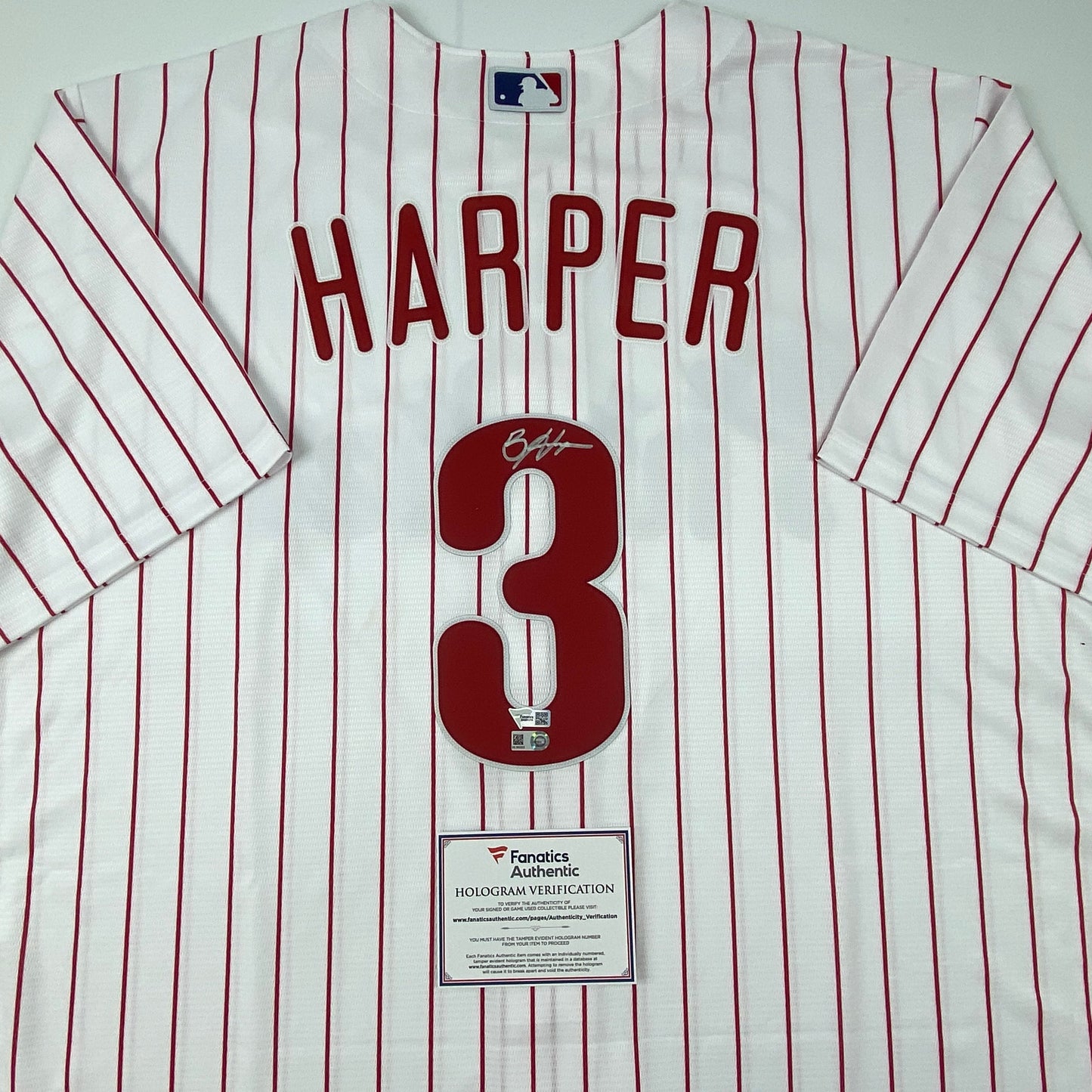 Autographed/Signed Bryce Harper Philadelphia Phillies Pinstripe Replica Baseball Jersey Fanatics & MLB COA