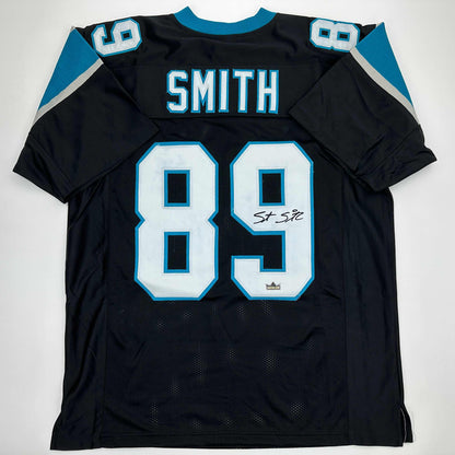Facsimile Autographed Steve Smith Sr. Carolina Black Reprint Laser Auto Football Jersey Size Men's XL