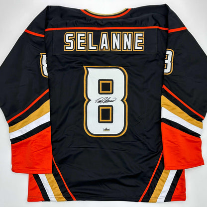 Facsimile Autographed Teemu Selanne Anaheim Black Reprint Laser Auto Hockey Jersey Size Men's XL