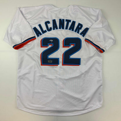 Facsimile Autographed Sandy Alcantara Miami White Reprint Laser Auto Baseball Jersey Size Men's XL