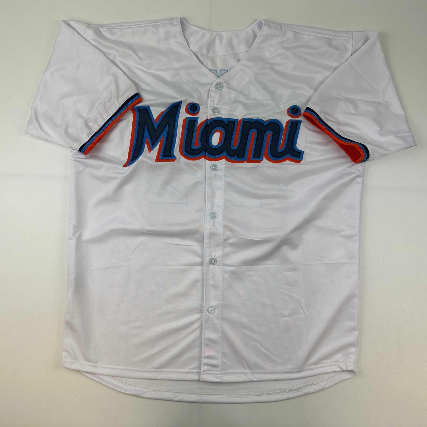 Facsimile Autographed Sandy Alcantara Miami White Reprint Laser Auto Baseball Jersey Size Men's XL