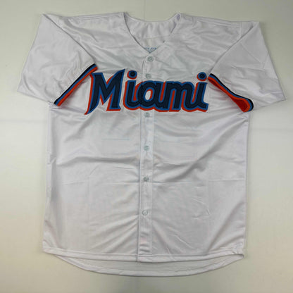 Facsimile Autographed Sandy Alcantara Miami White Reprint Laser Auto Baseball Jersey Size Men's XL