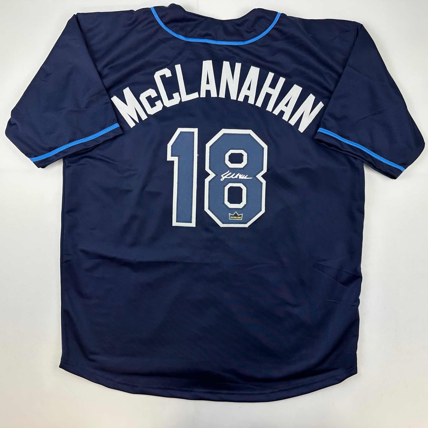 Facsimile Autographed Shane McClanahan Tampa Bay Navy Blue Reprint Laser Auto Baseball Jersey Size Men's XL