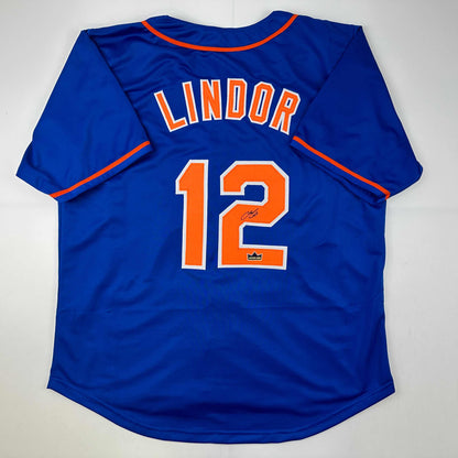 Facsimile Autographed Francisco Lindor New York Blue Reprint Laser Auto Baseball Jersey Size Men's XL