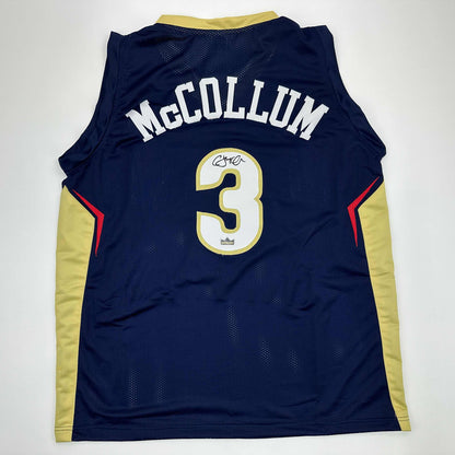 Facsimile Autographed C.J. CJ McCollum New Orleans Blue Reprint Laser Auto Basketball Jersey Size Men's XL