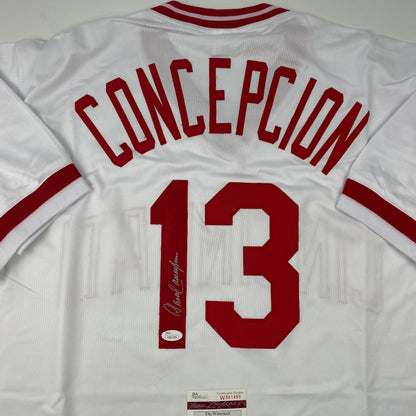 Autographed/Signed Dave Concepcion Cincinnati White Baseball Jersey JSA COA
