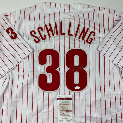 Autographed/Signed Curt Schilling Philadelphia Pinstripe Baseball Jersey JSA COA