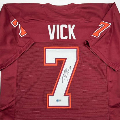 Autographed/Signed Michael Mike Vick Virginia Tech Maroon College Football Jersey Beckett BAS COA