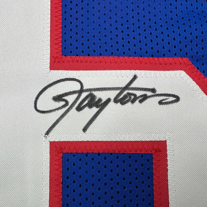 Autographed/Signed Lawrence Taylor New York Blue Stat Football Jersey Beckett BAS COA