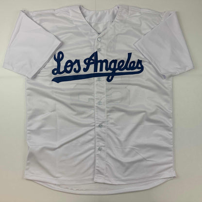 Facsimile Autographed Dustin May Los Angeles LA White Reprint Laser Auto Baseball Jersey Size Men's XL
