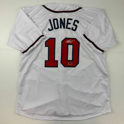 Facsimile Autographed Chipper Jones Atlanta White Reprint Laser Auto Baseball Jersey Size Men's XL