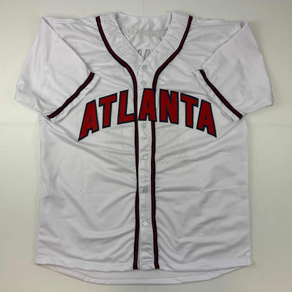 Facsimile Autographed Chipper Jones Atlanta White Reprint Laser Auto Baseball Jersey Size Men's XL