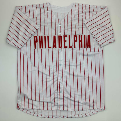 Facsimile Autographed Zack Wheeler Philadelphia Pinstripe Reprint Laser Auto Baseball Jersey Size Men's XL