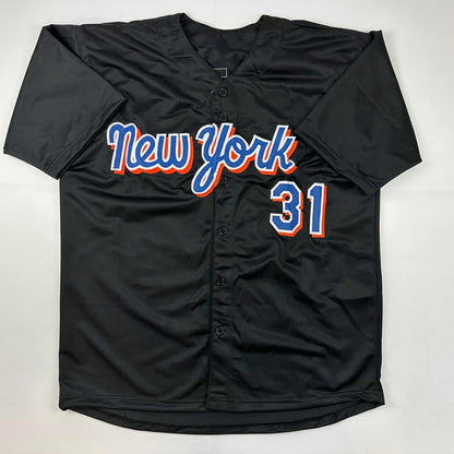 Facsimile Autographed Mike Piazza New York Black Reprint Laser Auto Baseball Jersey Size Men's XL