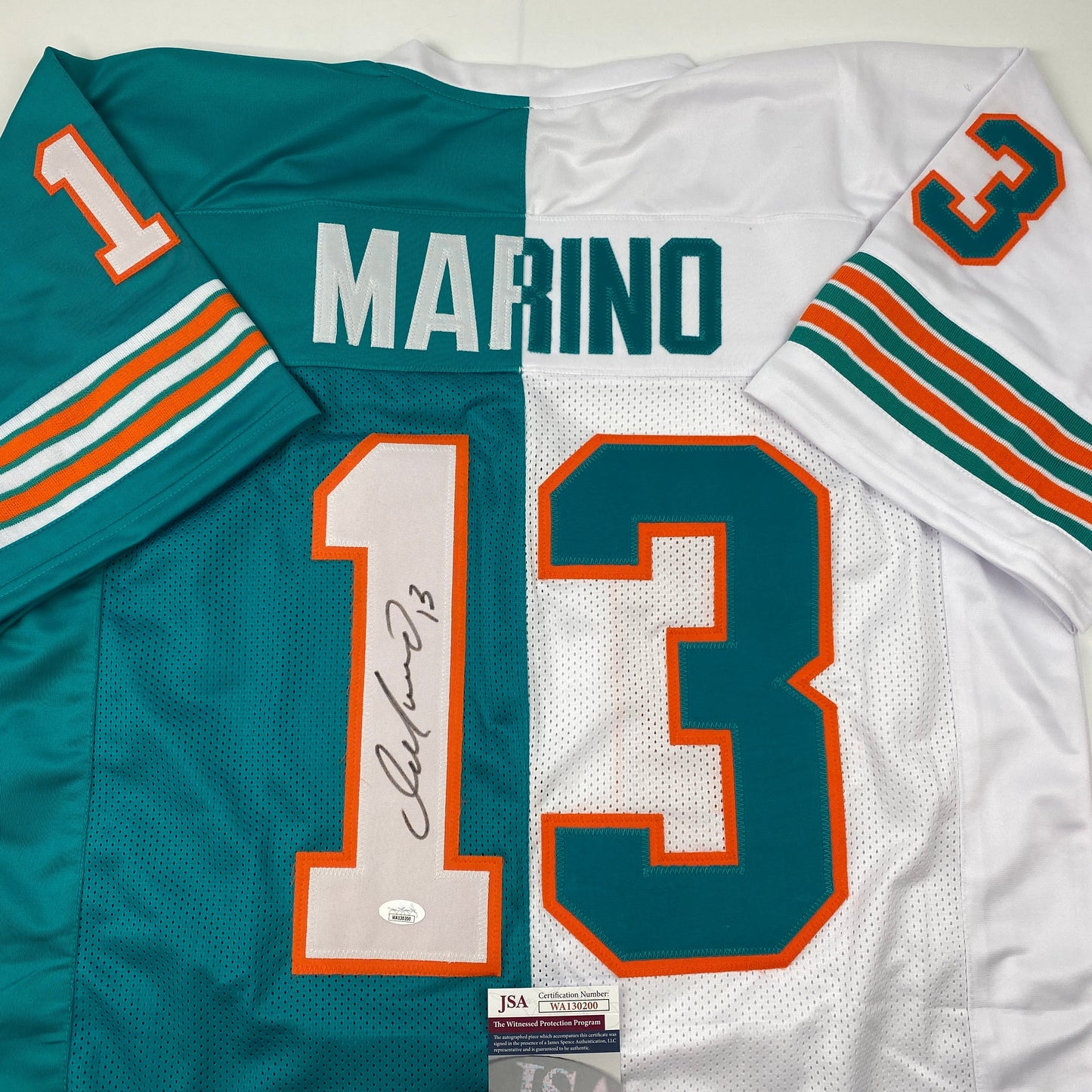 Autographed/Signed Dan Marino Miami Split Teal/White Football Jersey JSA COA