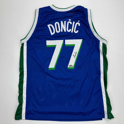 Facsimile Autographed Luka Doncic Dallas Retro Blue Reprint Laser Auto Basketball Jersey Size Men's XL