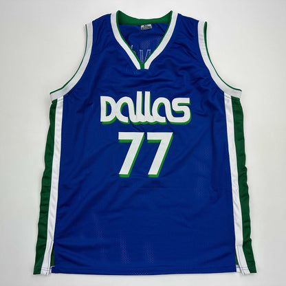 Facsimile Autographed Luka Doncic Dallas Retro Blue Reprint Laser Auto Basketball Jersey Size Men's XL