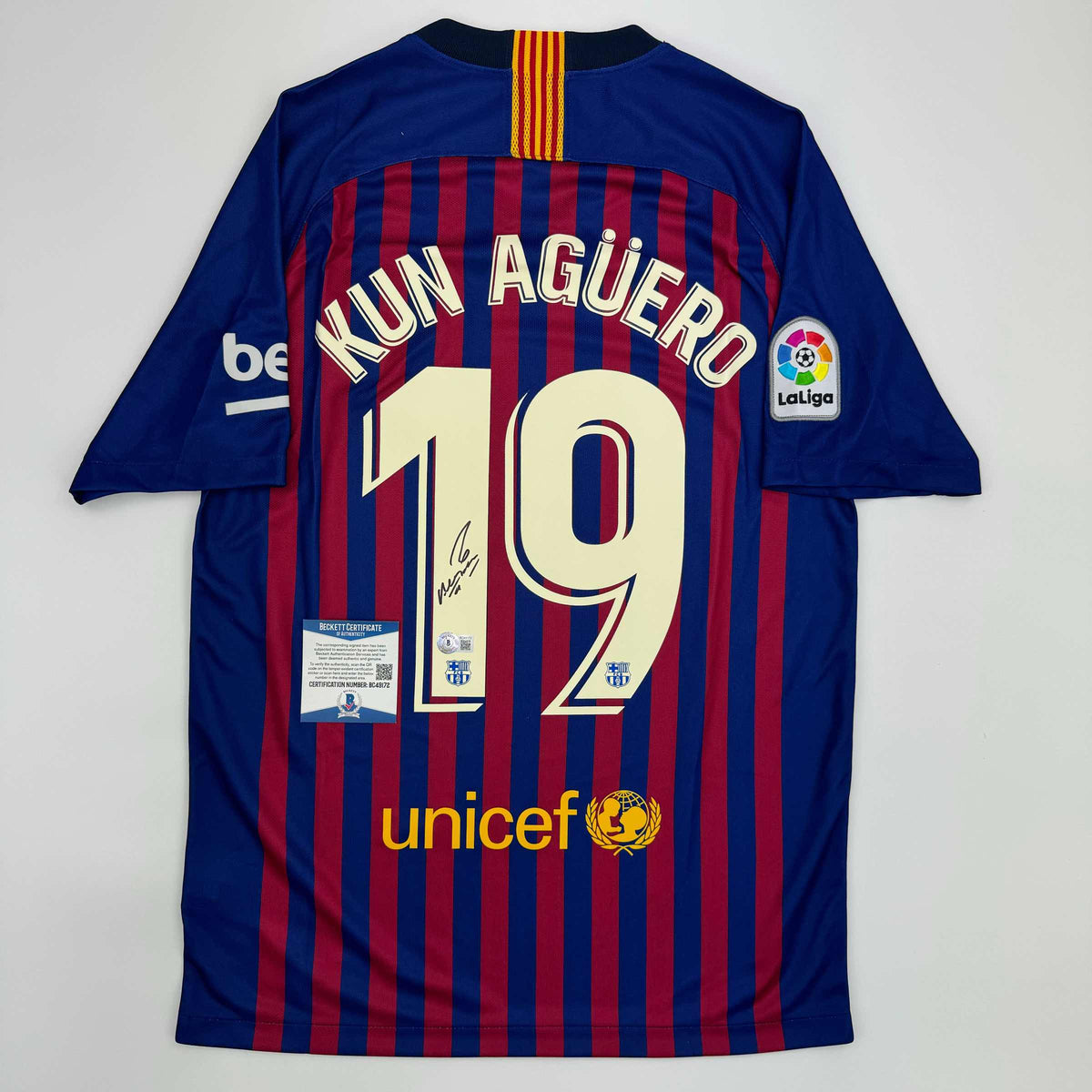 Autographed/Signed Sergio Kun Aguero FC Barcelona Red/Blue Soccer Futbol Jersey Beckett BAS COA #2
