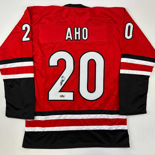 Facsimile Autographed Sebastian Aho Carolina Red Reprint Laser Auto Hockey Jersey Size Men's XL
