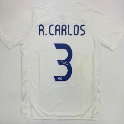 Autographed/Signed Roberto Carlos Real Madrid White Soccer Jersey Beckett BAS COA
