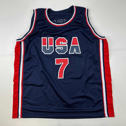 Facsimile Autographed Larry Bird United States Team USA Olympics Blue Reprint Laser Auto Basketball Jersey Size Men's XL