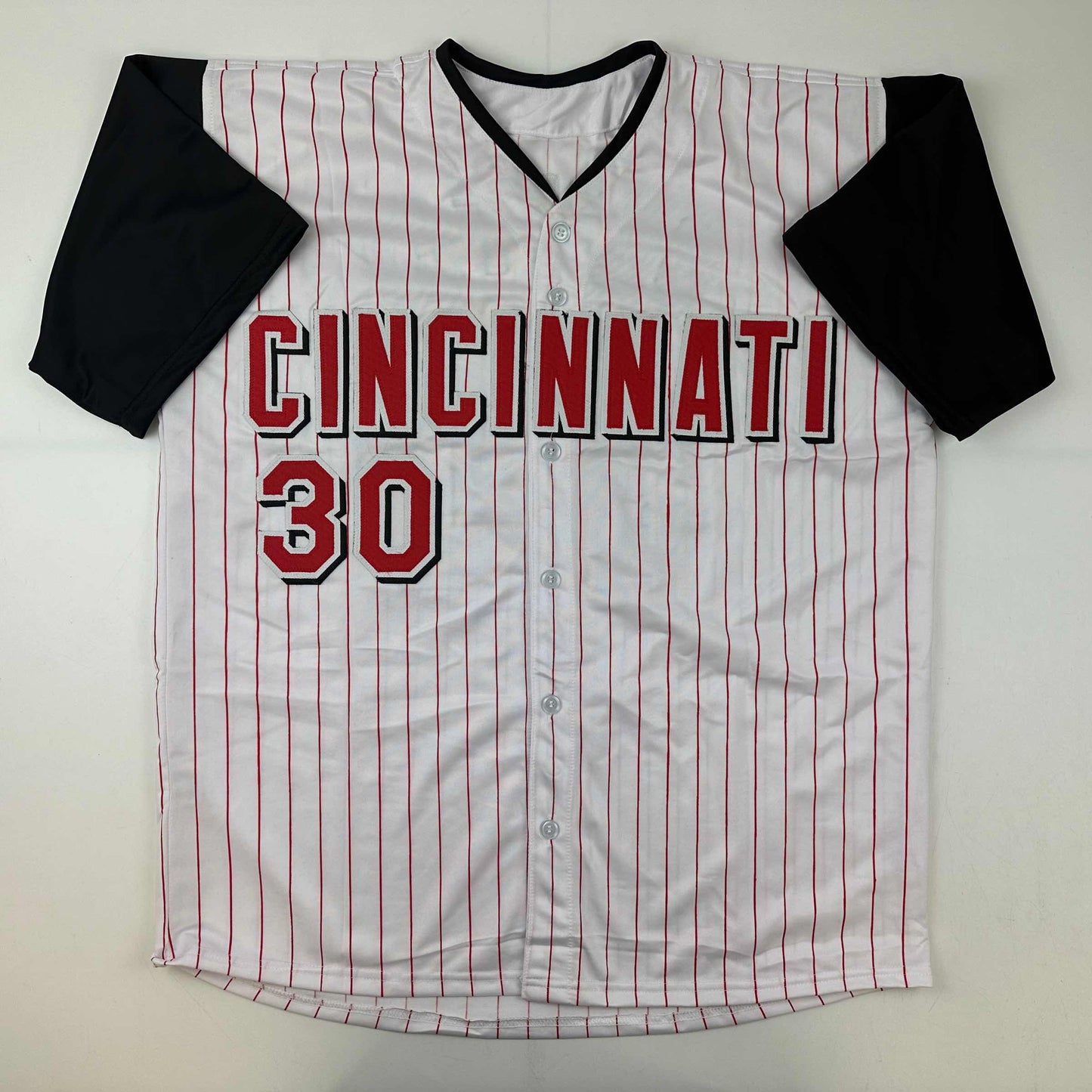 Facsimile Autographed Ken Griffey Jr. Cincinnati Pinstripe Reprint Laser Auto Baseball Jersey Size Men's XL
