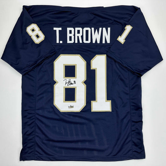 Facsimile Autographed Tim Brown Notre Dame Blue Reprint Laser Auto College Football Jersey Size Men's XL