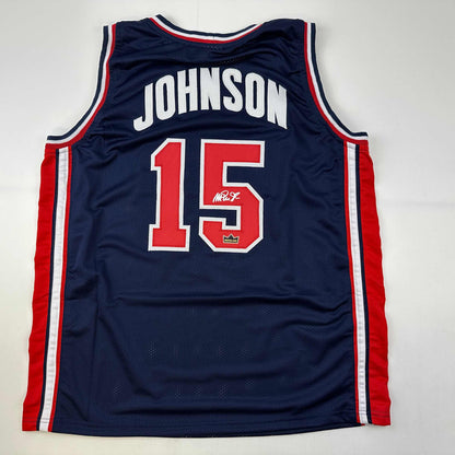 Facsimile Autographed Earvin Magic Johnson United States Team USA Olympics Blue Reprint Laser Auto Basketball Jersey Size Men's XL
