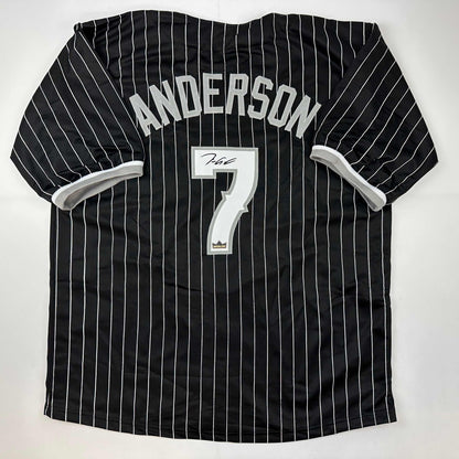 Facsimile Autographed Tim Anderson Chicago Black Pinstripe City Connect Reprint Laser Auto Baseball Jersey Size Men's XL