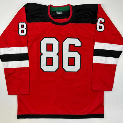 Facsimile Autographed Jack Hughes New Jersey Red Reprint Laser Auto Hockey Jersey Size Men's XL