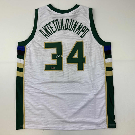 Facsimile Autographed Giannis Antetokounmpo Milwaukee White Reprint Laser Auto Basketball Jersey Size Men's XL