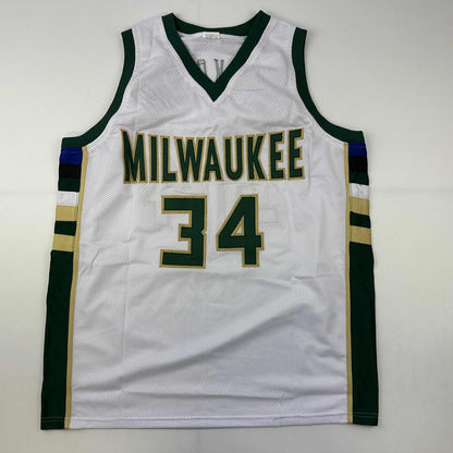 Facsimile Autographed Giannis Antetokounmpo Milwaukee White Reprint Laser Auto Basketball Jersey Size Men's XL