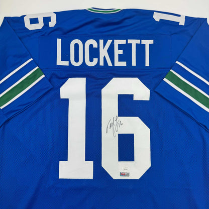 Autographed/Signed Tyler Lockett Seattle Blue Retro Football Jersey JSA COA