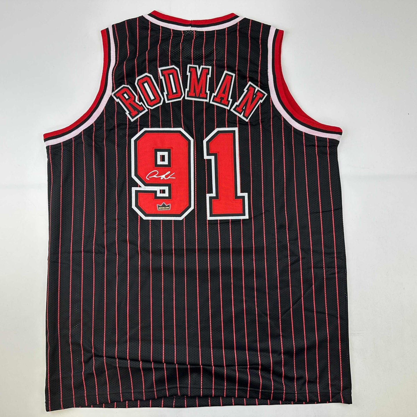 Facsimile Autographed Dennis Rodman Chicago Black Pinstripe Reprint Laser Auto Basketball Jersey Size Men's XL