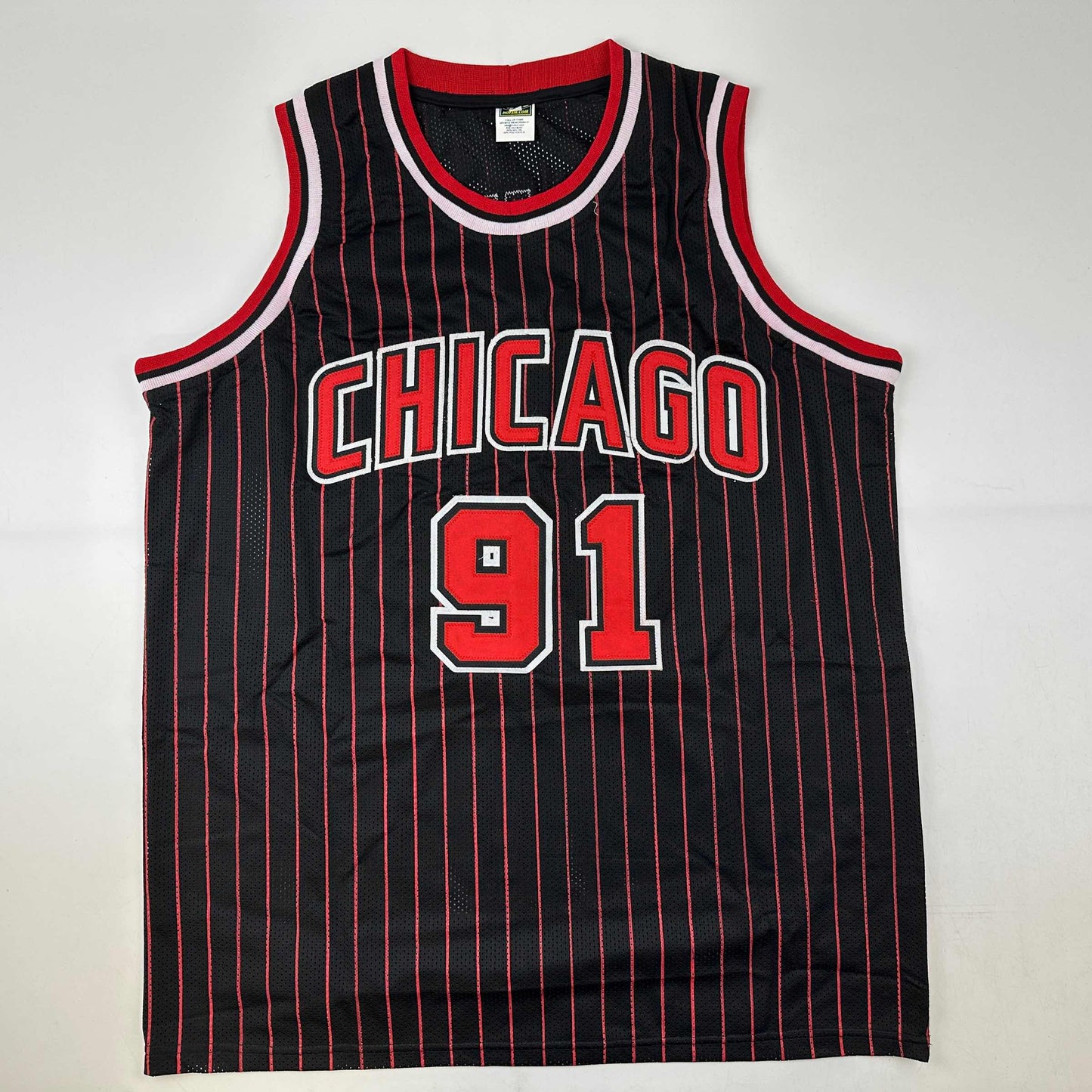 Facsimile Autographed Dennis Rodman Chicago Black Pinstripe Reprint Laser Auto Basketball Jersey Size Men's XL