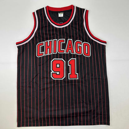 Facsimile Autographed Dennis Rodman Chicago Black Pinstripe Reprint Laser Auto Basketball Jersey Size Men's XL