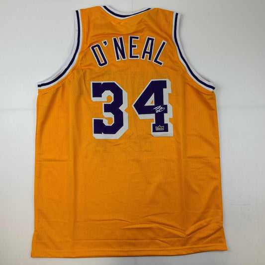 Facsimile Autographed Shaquille Shaq O'Neal Los Angeles LA Yellow Reprint Laser Auto Basketball Jersey Size Men's XL