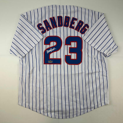 Facsimile Autographed Ryne Sandberg Chicago Pinstripe Reprint Laser Auto Baseball Jersey Size Men's XL