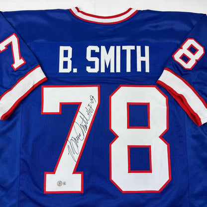 Autographed/Signed Bruce Smith HOF 09 Buffalo Blue Football Jersey Beckett BAS COA