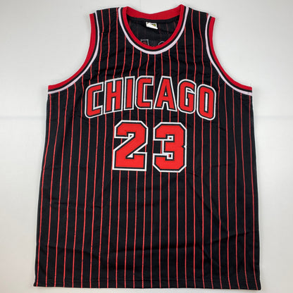 Facsimile Autographed Michael Jordan Chicago Black Pinstripe Reprint Laser Auto Basketball Jersey Size Men's XL